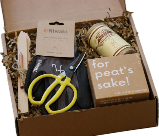  The carefully selected Gardener’s Essentials Gift Set includes Japanese Garden Scissors, For Peat’s Sake Coir Compost (3 litres), Oak Plant Labels with a pencil, Jute Twine, and Niwaki Gloves (choose your size).

All presented in an environmentally friendly biodegradable box. Share this thoughtful gift with your loved ones and add some seeds for a complete gardening experience.

Add personalised message at checkout and we’ll put it on a postcard.